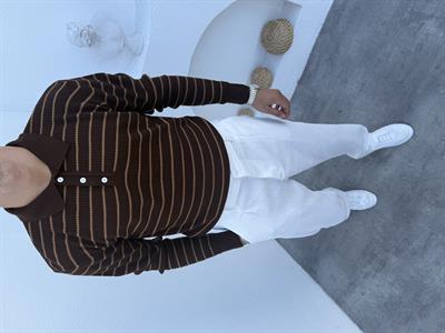 Çizgili Polo Yaka Triko Kazak Kahve