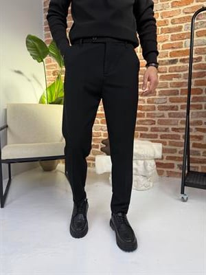 Dil Detaylı Boyfriend Kalıp Duble Paça Kumaş Pantolon Siyah