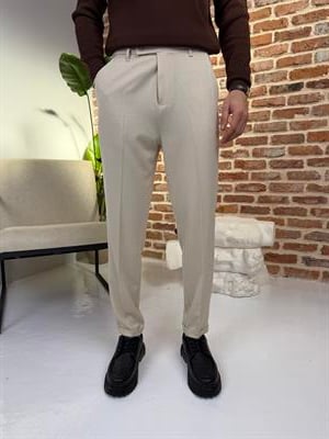 Dil Detaylı Boyfriend Kalıp Duble Paça Kumaş Pantolon Bej