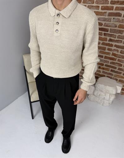 Düğmeli Selanik Örme Polo Yaka Triko Kazak Bej