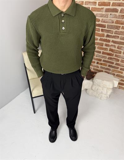 Düğmeli Selanik Örme Polo Yaka Triko Kazak Haki Yeşil