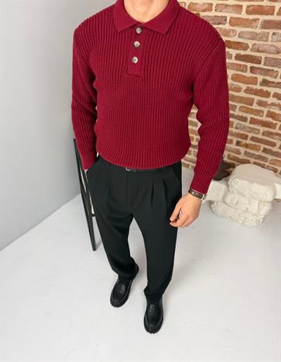 Düğmeli Selanik Örme Polo Yaka Triko Kazak Bordo