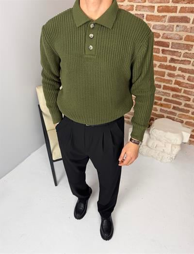 Düğmeli Selanik Örme Polo Yaka Triko Kazak Haki Yeşil