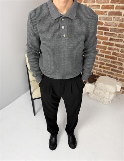 Düğmeli Selanik Örme Polo Yaka Triko Kazak Antrasit