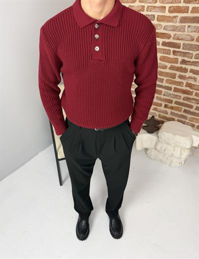 Düğmeli Selanik Örme Polo Yaka Triko Kazak Bordo