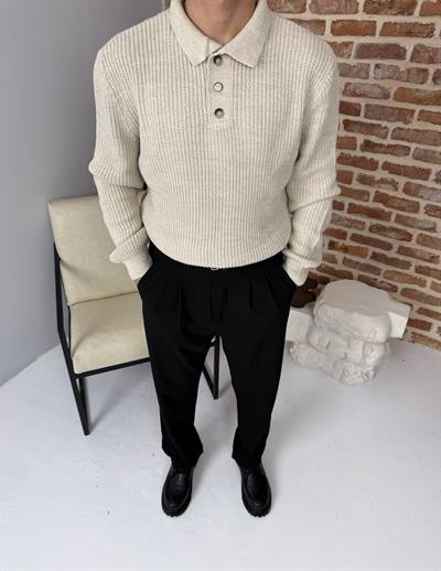 Düğmeli Selanik Örme Polo Yaka Triko Kazak Bej