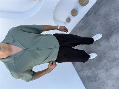 Gofre Kumaş Pamuklu Likralı Kısa Kol Gömlek Yeşil