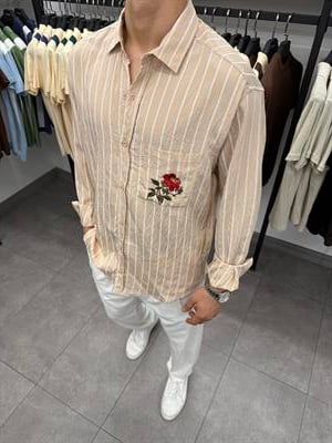 Gül Nakışlı Çizgili Jakar Kumaş Oversize Gömlek Krem