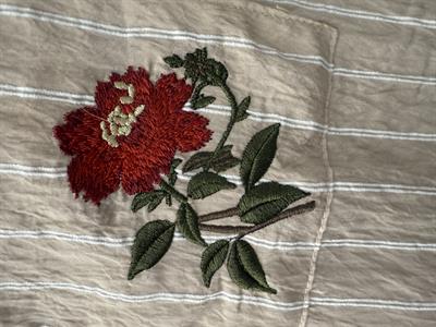 Gül Nakışlı Çizgili Jakar Kumaş Oversize Gömlek Krem