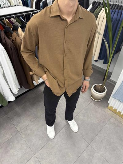 Ham Keten Oversize Gömlek Acı Kahve