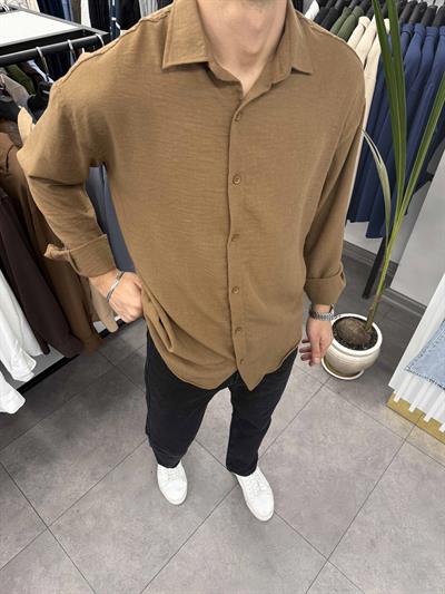 Ham Keten Oversize Gömlek Acı Kahve