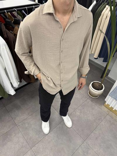 Ham Keten Oversize Gömlek Taş