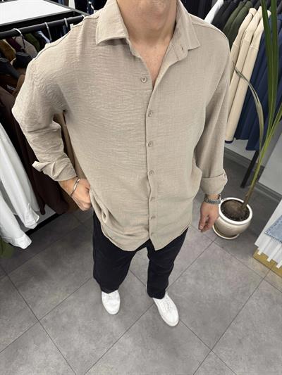 Ham Keten Oversize Gömlek Taş