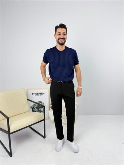 Henley Pamuk Triko Lacivert