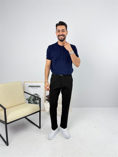 Henley Pamuk Triko Lacivert