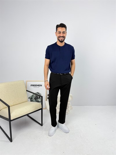 Henley Pamuk Triko Lacivert