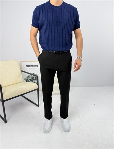 Henley Pamuk Triko Lacivert