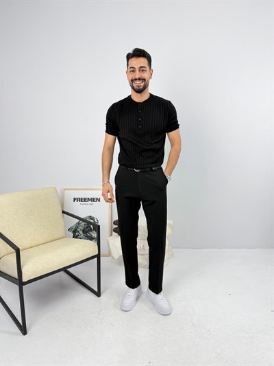 Henley Pamuk Triko Siyah