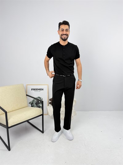 Henley Pamuk Triko Siyah