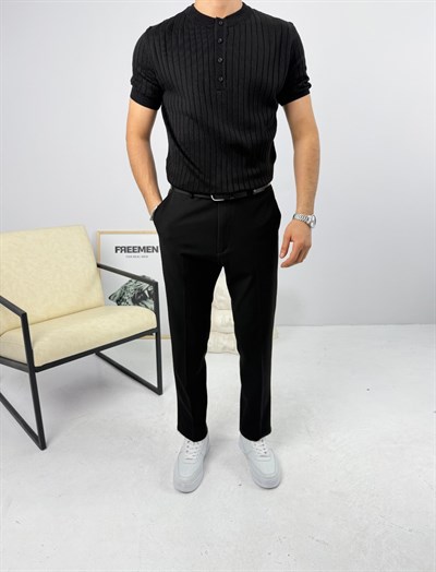 Henley Pamuk Triko Siyah