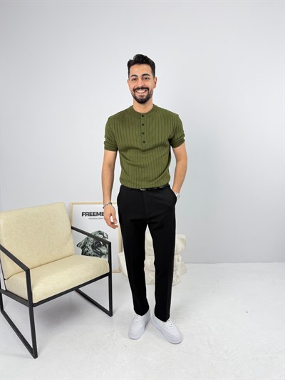 Henley Pamuk Triko Yeşil