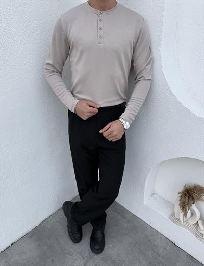 Henley Yaka Düğmeli Sweatshirt Bej
