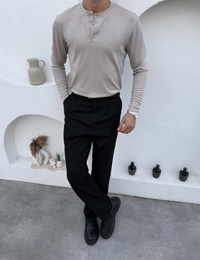 Henley Yaka Düğmeli Sweatshirt Bej