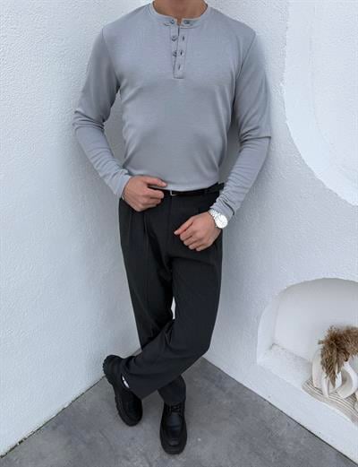 Henley Yaka Düğmeli Sweatshirt Gri