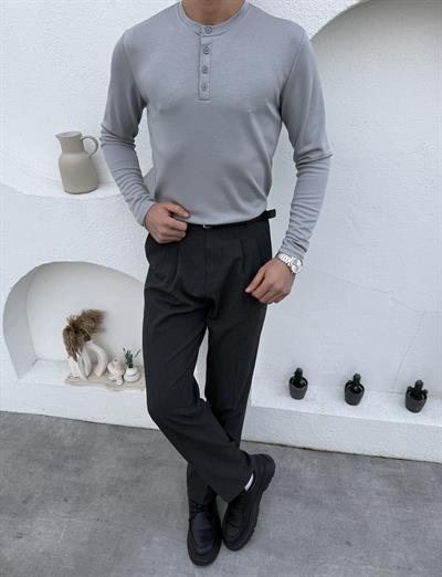 Henley Yaka Düğmeli Sweatshirt Gri