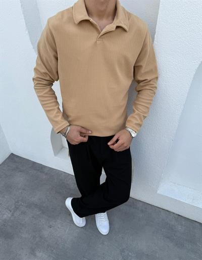 İnce Fitilli Apaş Yaka Sweatshirt Bej