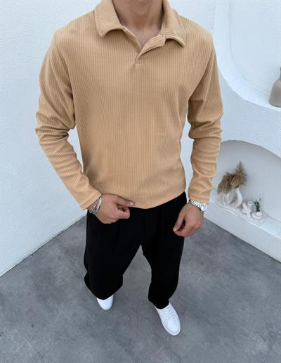 İnce Fitilli Apaş Yaka Sweatshirt Bej