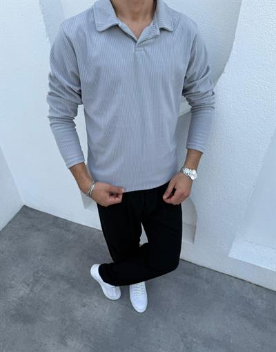 İnce Fitilli Apaş Yaka Sweatshirt Gri