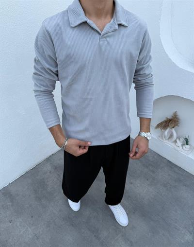 İnce Fitilli Apaş Yaka Sweatshirt Gri
