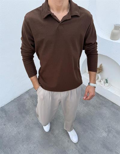 İnce Fitilli Apaş Yaka Sweatshirt Kahve