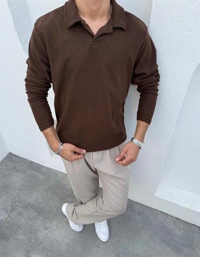 İnce Fitilli Apaş Yaka Sweatshirt Kahve