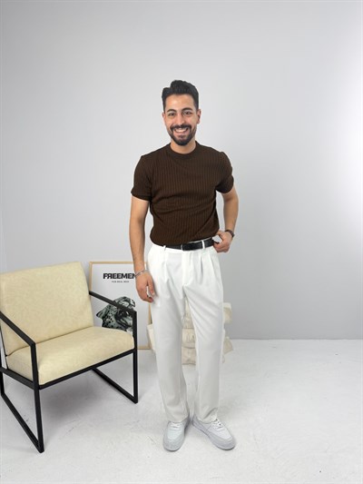 İnce Fitilli Bisiklet Yaka Triko Acı Kahve