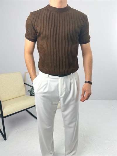 İnce Fitilli Bisiklet Yaka Triko Acı Kahve