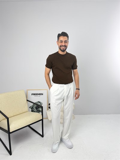 İnce Fitilli Bisiklet Yaka Triko Acı Kahve