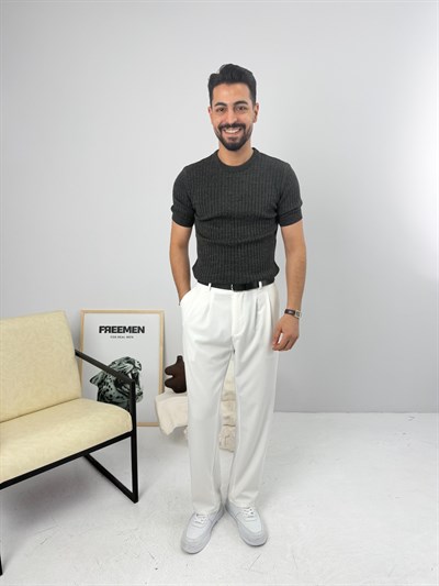 İnce Fitilli Bisiklet Yaka Triko Antrasit