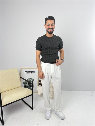 İnce Fitilli Bisiklet Yaka Triko Antrasit