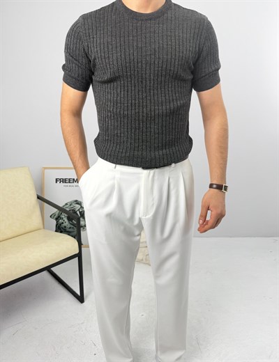 İnce Fitilli Bisiklet Yaka Triko Antrasit