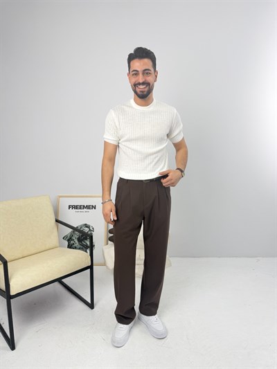 İnce Fitilli Bisiklet Yaka Triko Beyaz