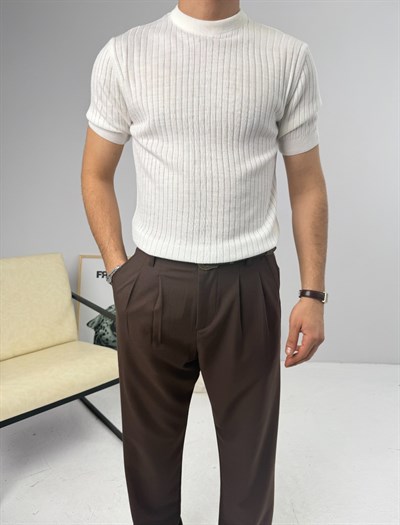 İnce Fitilli Bisiklet Yaka Triko Beyaz