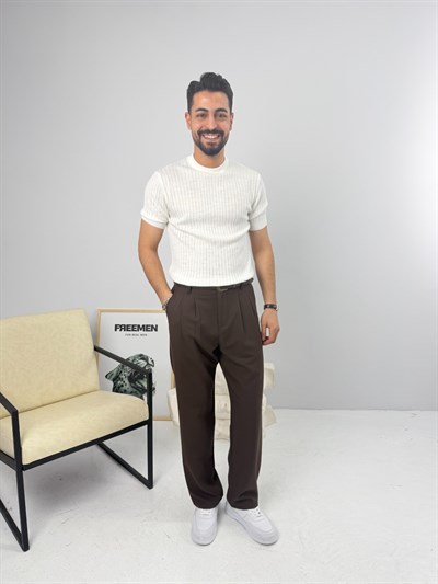 İnce Fitilli Bisiklet Yaka Triko Beyaz