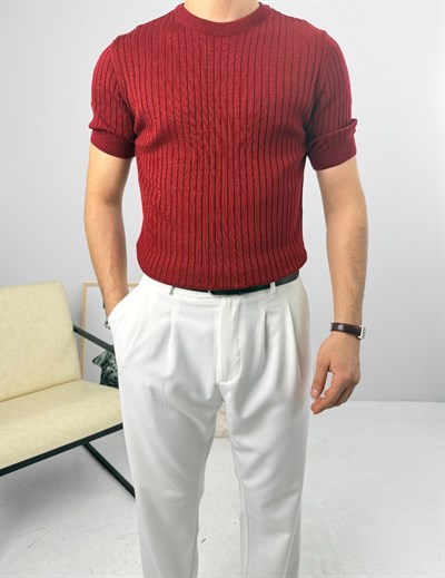 İnce Fitilli Bisiklet Yaka Triko Bordo