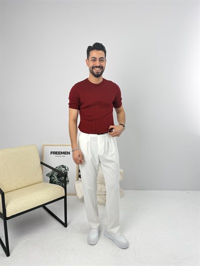 İnce Fitilli Bisiklet Yaka Triko Bordo