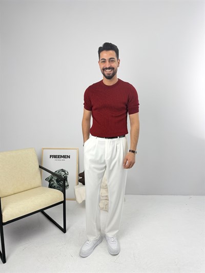 İnce Fitilli Bisiklet Yaka Triko Bordo