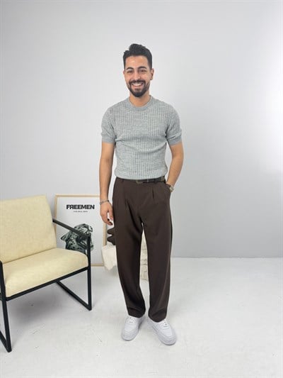 İnce Fitilli Bisiklet Yaka Triko Gri