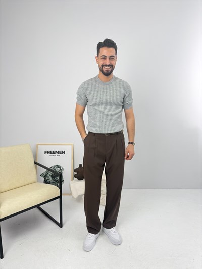 İnce Fitilli Bisiklet Yaka Triko Gri