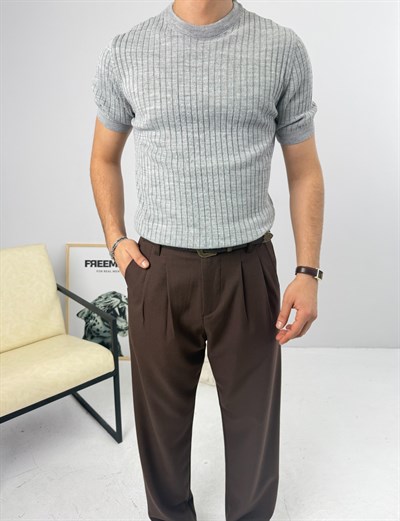 İnce Fitilli Bisiklet Yaka Triko Gri